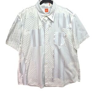 Hugo Boss Orange Label Mens Shirt 2XL White Blue Geometric Dot Print Preppy
